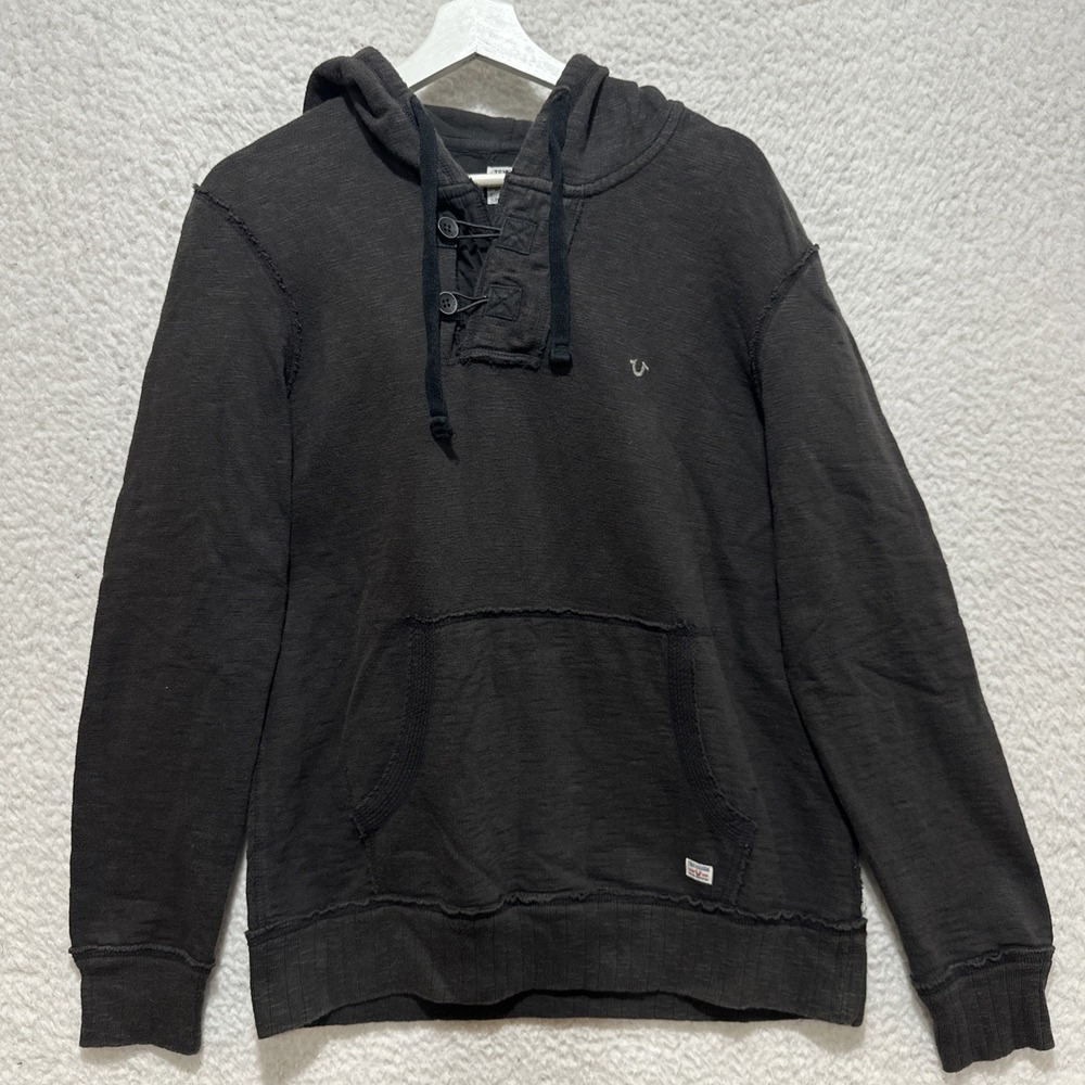 True Religion‎ Slub Fleece Pullover Hoodie Size M Button Placket Collar Raw Edge